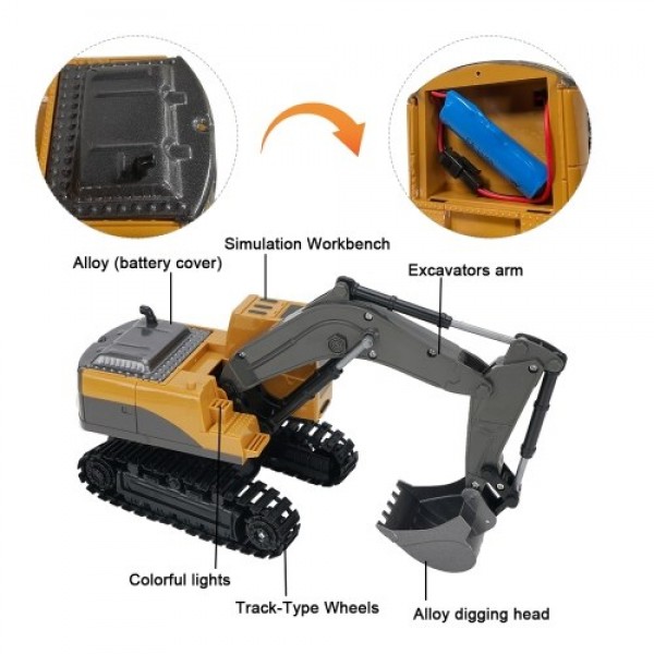 2.4GHz 6CH 1/24 RC Excavator Construction Vehicles with Alloy Shovel Lights Sounds