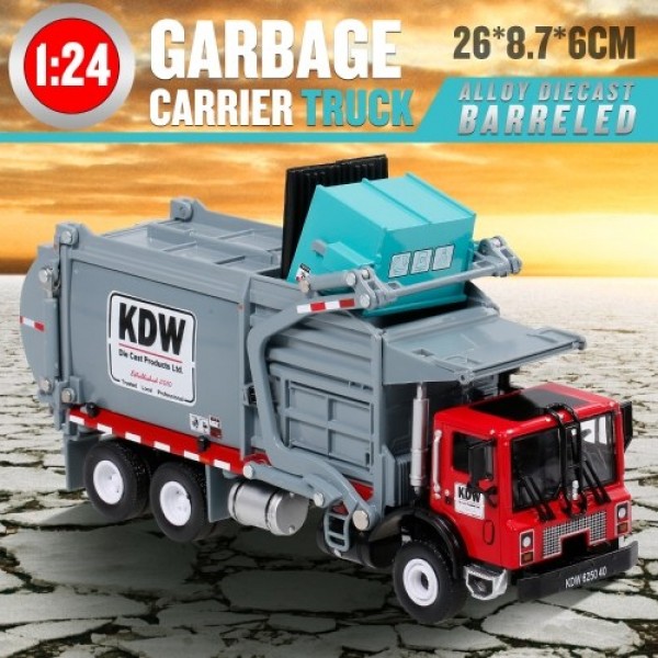 1:24 Alloy Diecast Barreled Garbage Carrier Truck Waste Material Transporter Vehicle Mod Collector Hobby Toys