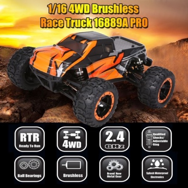 16889A-Pro 1:16 4WD Big Foot RC Car 45 Km/h High Speed 2840 Brushless Motor Vehicle 4X4 Waterproof Off-Road Truck with LED Light