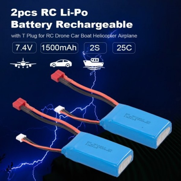 2pcs RC Li-Po Battery 7.4V 1500mAh 25C 2S Rechargeable with T Plug