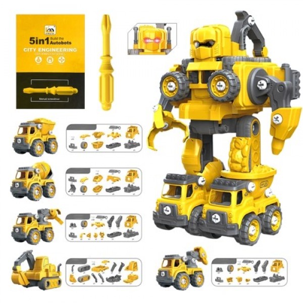 Removable Robot Toys Engineering Vehicle 5 in 1 Construction Toys Kids Building Toys with Light and Music