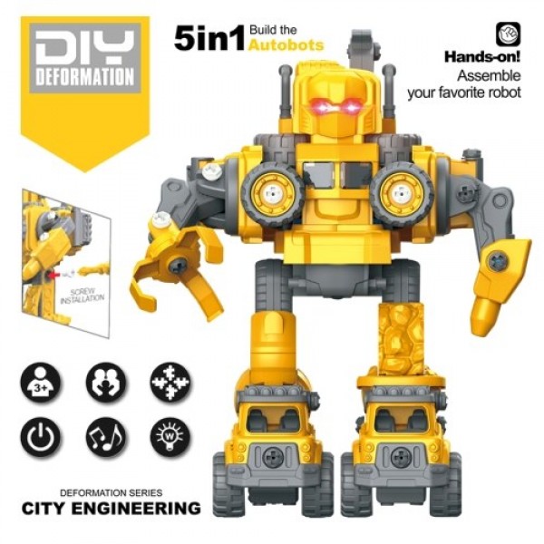 Removable Robot Toys Engineering Vehicle 5 in 1 Construction Toys Kids Building Toys with Light and Music