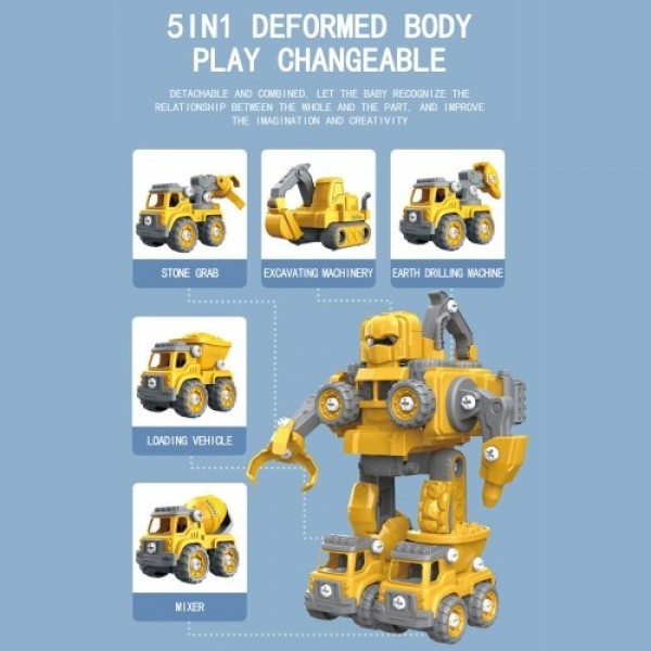 Removable Robot Toys Engineering Vehicle 5 in 1 Construction Toys Kids Building Toys with Light and Music