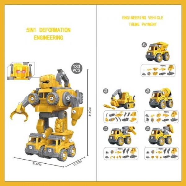 Removable Robot Toys Engineering Vehicle 5 in 1 Construction Toys Kids Building Toys with Light and Music