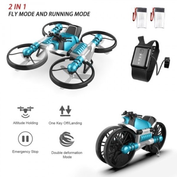 2 in 1 Motorcycle Aircraft Deformation RC Drone for Beginners Land Air RC Toys Gravity Sensor(Watch Control Mode 2 Battery)