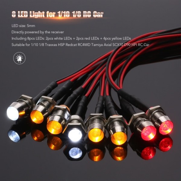 8 LED Light Kit 2 White 2 Red 4 Yellow for 1/10 1/8 Traxxas HSP Redcat RC4WD Tamiya Axial SCX10 D90 HPI RC Car