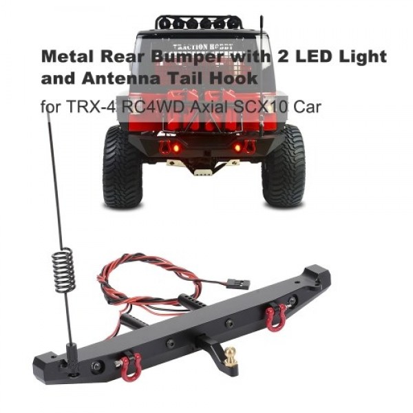 RC Car Metal Rear Bumper with 2 LED Light Antenna Tail Hook for TRX-4 RC4WD Axial SCX10 Car