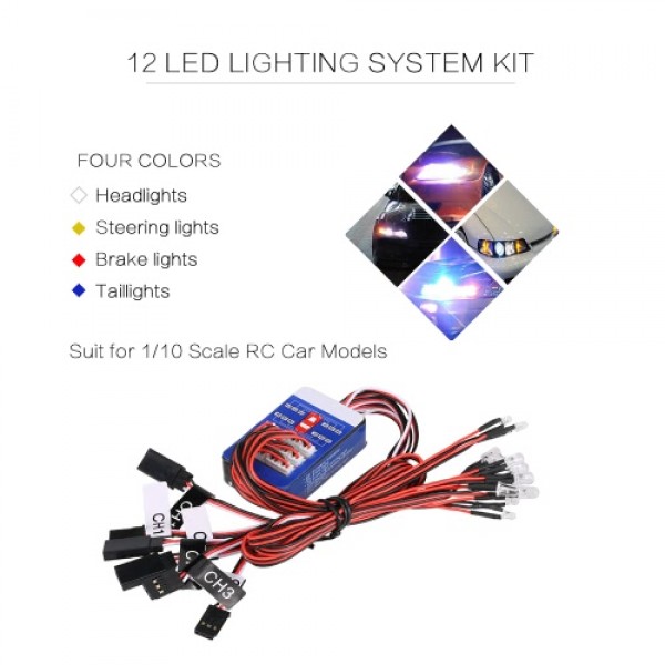 12 LED Lighting System Kit Steering Brake Smart Simulation Flash Lights for 1/10 Scale Models RC Car Yokomo Tamiya HSP HPI AXIAL