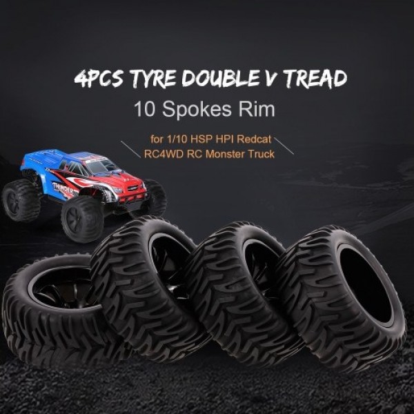 4PCS 1/10 Off-road Tyre Double V Tread Pattern 10 Spokes Rim for 1/10 HSP HPI Redcat RC4WD RC Monster Truck