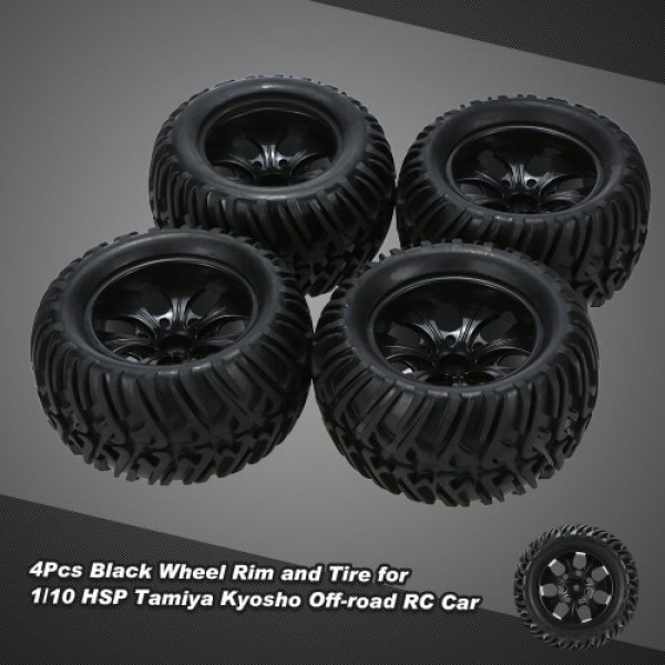 4Pcs Black Wheel Rim and Tire for 1/10 HSP 94111 94188 Monster Truck