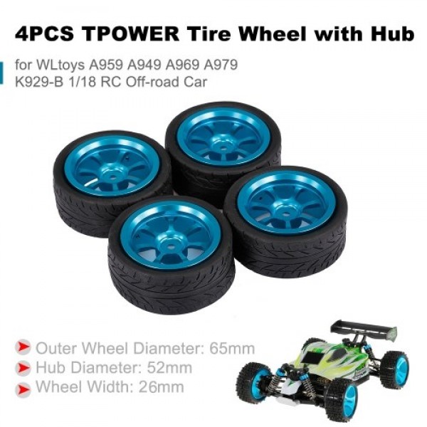 4PCS TPOWER Tire Wheel with Hub for WLtoys A959 A949 A969 A979 K929-B 1/18 RC Off-road Car