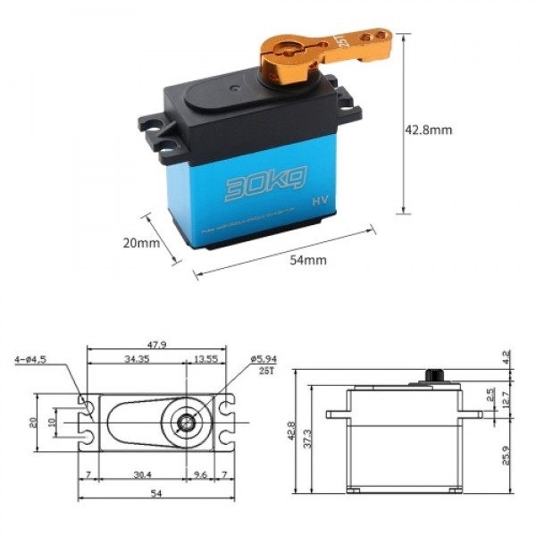 30KG Digital Servo Metal Gear Servo Waterproof for 1/8 1/10 1/12 Scale RC Cars Robot Boat Manipulator with 25T Arm