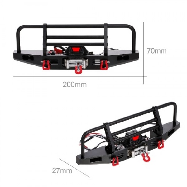 Metal Front Bumper with Winch 2 LED Light for1/10 RC Car Crawler Compatible with Traxxas Hsp Redcat Rc4wd Tamiya Axial Scx10 D90