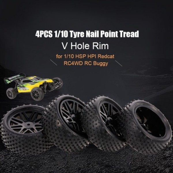 4PCS 1/10 RC Off-road Tyre Nail Point Tread Pattern V Hole Rim for 1/10 HSP HPI Redcat RC4WD RC Buggy