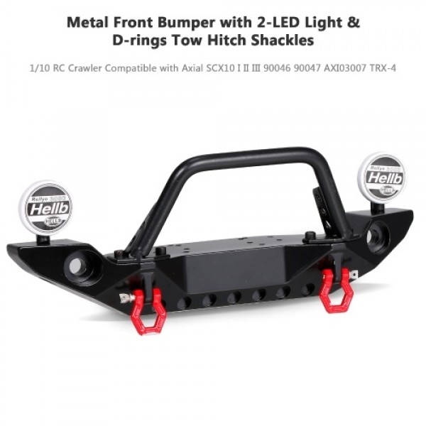 RC Metal Front Bumper with 2-LED Light &amp; D-rings Tow Hitch Shackles for 1/10 RC Crawler